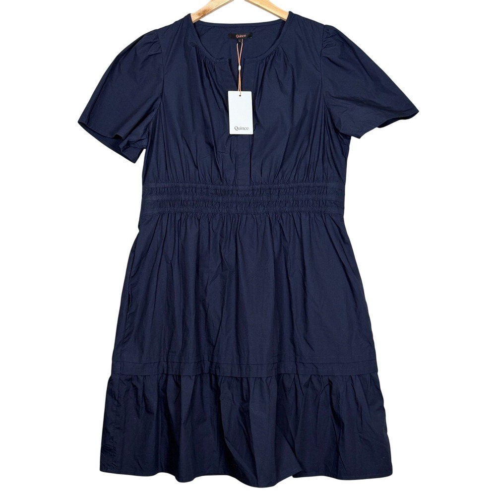 New Quince Tiered Mini Dress Large Navy Blue Cotton Poplin Short Sleeve - Picture 2 of 10
